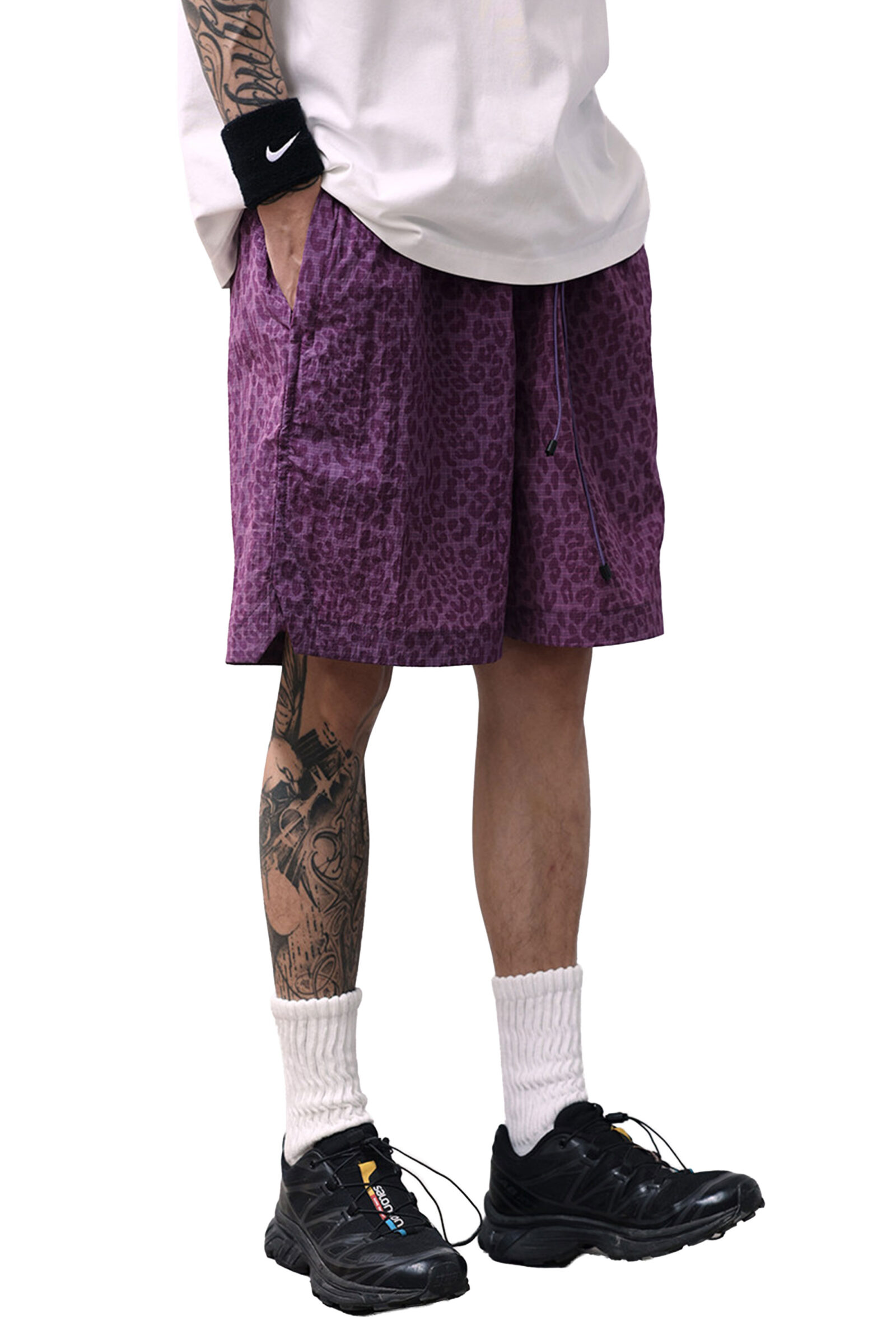 퍼플 레오파드 텍스처 릴렉스드 쇼츠